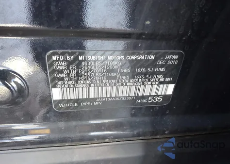 2019 Mitsubishi Eclipse Cross Es z USA, uszkodzony, nr VIN JA4AT3AA3KZ033071